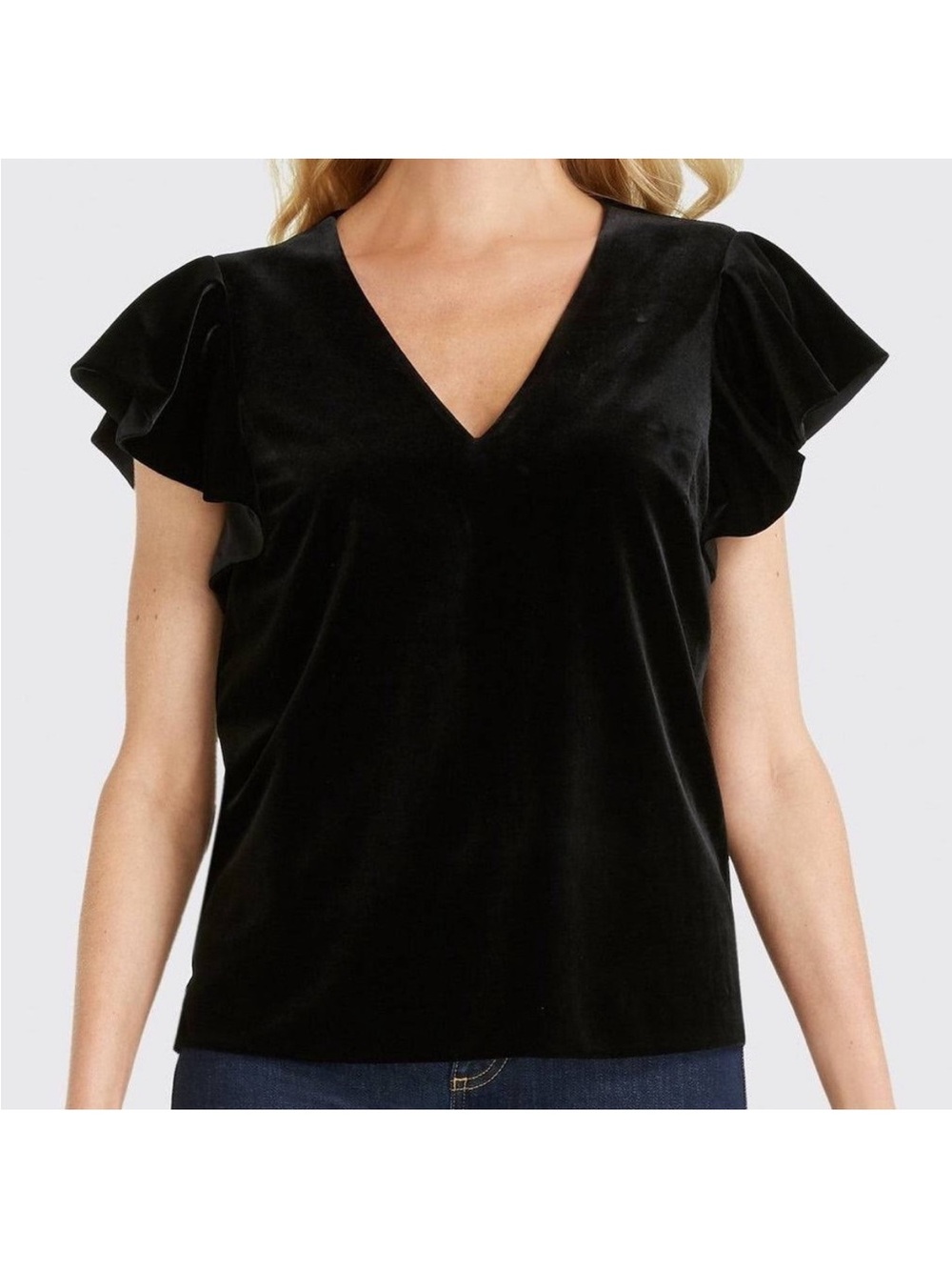 Draper James Black V-Neck Velvet Flutter Sleeve Top